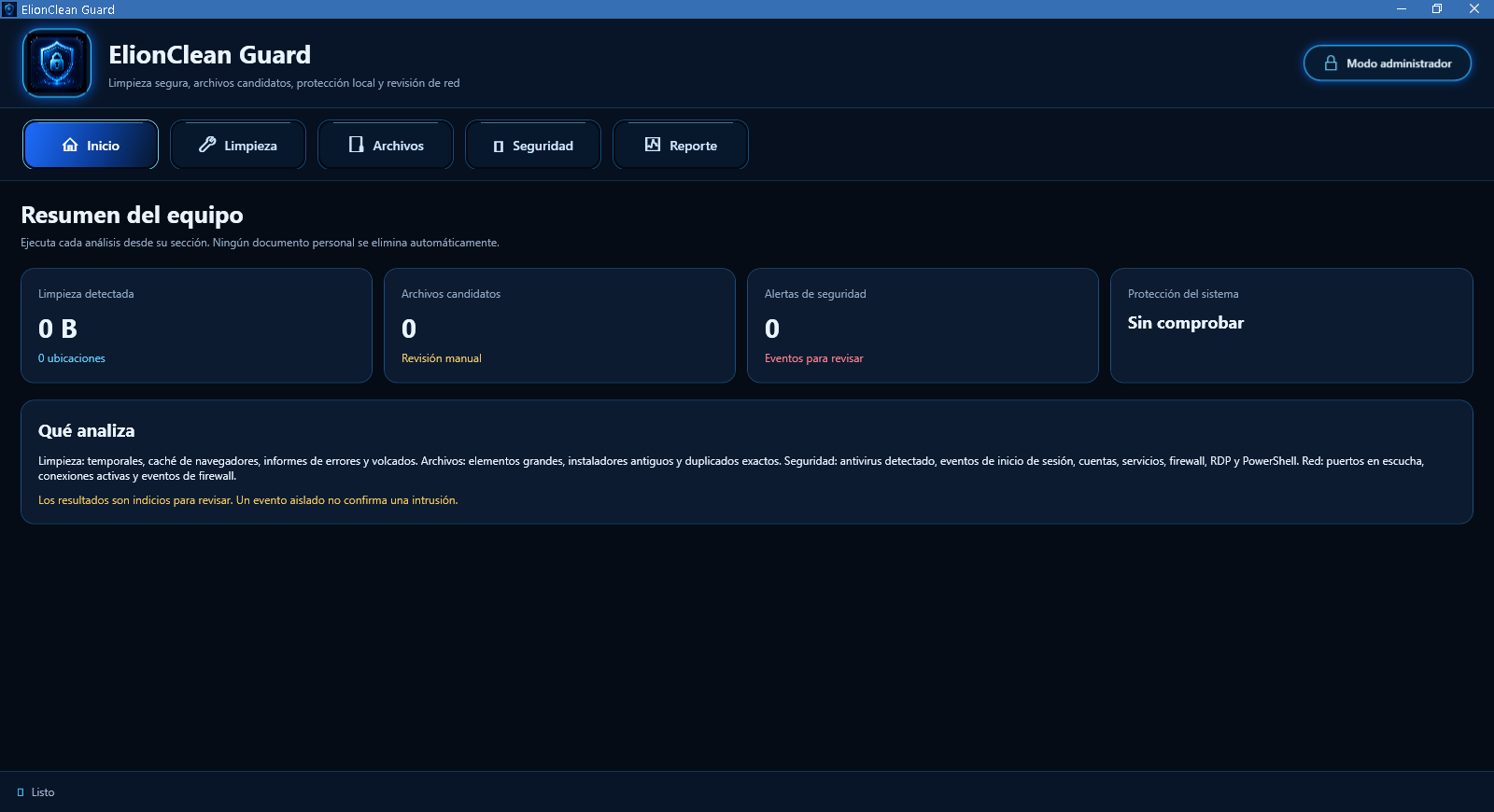 ElionClean Guard Windows cleaner and security checker preview