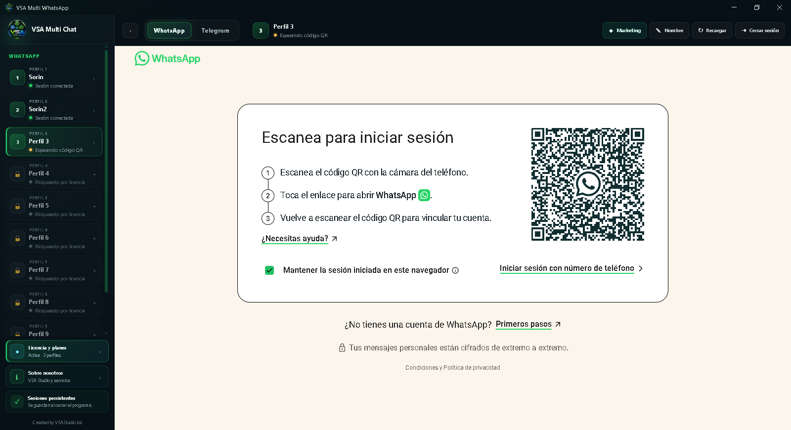VSA Multi Chat WhatsApp and Telegram automation preview